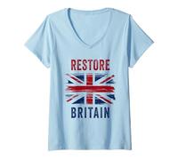 Donna Restore Britain - Flag UK Conservative Graphic Maglietta con Collo a V