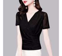 Donna Rete con Paillettes Camicia Trasparente Top Scollo V Slim Tee Latino Danza
