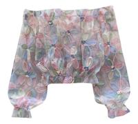 Donna Rete Spalle Scoperte Camicetta Trasparente Fiore Lustrini Increspatura