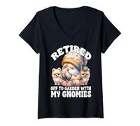 Donna Retired Gnome Praying Hands And Pomeranian Retirement Saying Maglietta con Collo a V