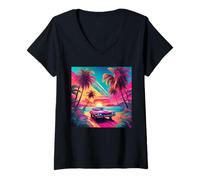 Donna Retro 1990 Vaporwave Palm Tree Beach Tramonto, 1980's Beach Maglietta con Collo a V