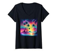 Donna Retro 1990 Vaporwave Palm Tree Beach Tramonto, 1980's Beach Maglietta con Collo a V