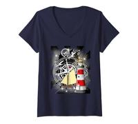 Donna Retro 60 Faro Nave a Vela Bussola, gabbiani marittimi Maglietta con Collo a V