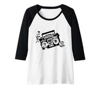 Donna Retro 80s 90s Boom-Box Vintage Cassette Player Graphic Tee Maglia con Maniche Raglan
