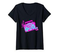 Donna Retro 80s 90s Boom-Box Vintage Cassette Player Graphic Tee Maglietta con Collo a V