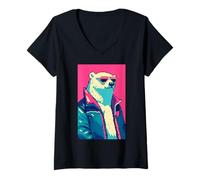 Donna Retro 80s moda orso polare divertente carino pixel art Maglietta con Collo a V