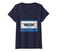 Donna Retro 80's Music Cassette Tape Pretend Costume Graphic Blue Maglietta con Collo a V