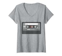 Donna Retro 80's Music Cassette Tape Pretend Costume Graphic Gray Maglietta con Collo a V