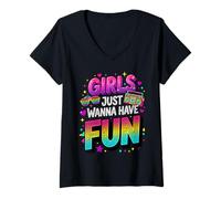 Donna Retro 80s Tipografia Gradiente Ragazze Voglio Solo Divertirsi Maglietta con Collo a V