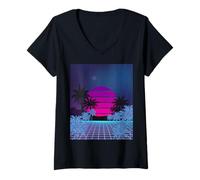 Donna Retro 80s Vaporwave Palm Trees Sunset - Synthwave Art Tee Maglietta con Collo a V