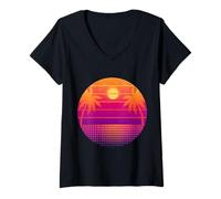 Donna Retro 80s Vaporwave Palm Trees Sunset - Synthwave Art Tee Maglietta con Collo a V