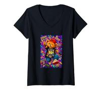 Donna Retro 90s Nostalgia Cute Teddy Bear Hip Hop Cassette Graphic Maglietta con Collo a V
