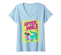 Donna Retro Alligator Occhiali da Sole Dopo Mentre Maglietta con Collo a V