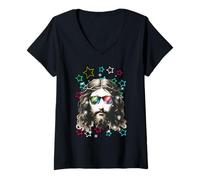 Donna Retro Anni '60 Gesù Vintage 80 Stelle spirituali Maglietta con Collo a V
