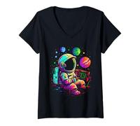 Donna Retro Arcade Pianeti Universo Gioco Astronauta Maglietta con Collo a V