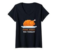 Donna Retro Arcade Pixelated Game Thanksgiving - Final Boss Turkey Maglietta con Collo a V