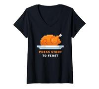 Donna Retro Arcade Pixelated Game Turkey - Press Start to Feast Maglietta con Collo a V
