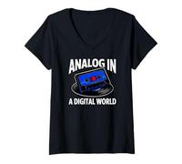 Donna Retro Audiophile Analog in A Digital World Cassette Maglietta con Collo a V