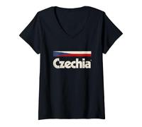 Donna Retro Bandiera Repubblica Ceca Cesko Maglietta con Collo a V
