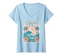 Donna Retro Beach Bum Ocean Wave Palma Tramonto Ibisco Fiore Maglietta con Collo a V