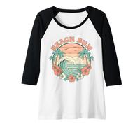 Donna Retro Beach Bum Wave Palme Ibisco Tramonto Costiera Surf Maglia con Maniche Raglan