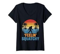 Donna Retro Bigfoot Tramonto Feelin Squatchy Divertente Sasquatch Beach Maglietta con Collo a V