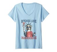 Donna Retro Bitches Amore Indipendenza Divertente 4 luglio Maglietta con Collo a V