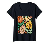 Donna Retro Boho Floral Shirt Vintage Groovy Flowers Estetica Maglietta con Collo a V