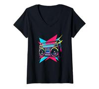 Donna Retro Boombox Colorful Music Graphic Anni '80 '90 Throwback Art Maglietta con Collo a V