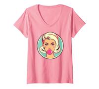Donna Retro Bubblegum Babe Bionda Pin-Up Style Pop Art Design Maglietta con Collo a V