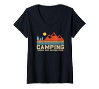 Donna Retro Camping - Attrezzatura Minima Massima Pace per Escursioni Maglietta con Collo a V