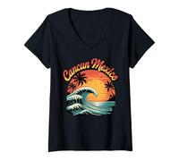 Donna Retro Cancun Mexico Sunset Ocean Wave Travel Maglietta con Collo a V