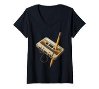 Donna Retro Cassette e Matita Divertente 80s 90s Mixtape Nostalgia Maglietta con Collo a V