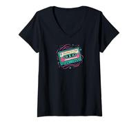 Donna Retro Cassette Tape Rewind & Chill 80s 90s Music Maglietta con Collo a V