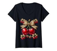 Donna Retro Cherry Leopard Coquette Bow Fun Cherry Cherry Ladies Girls Maglietta con Collo a V