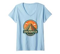 Donna Retro Chichen Itza Mexico Travel Badge Piramide Maglietta con Collo a V