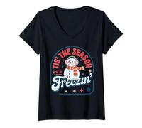 Donna Retro Christmas Snowman Tis 'The Season to Be Freezin' Maglietta con Collo a V