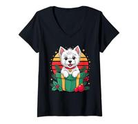 Donna Retro Christmas West Highland White Terrier X-mas Westie Maglietta con Collo a V
