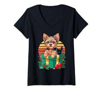 Donna Retro Christmas Yorkshire Terrier X-mas Yorkie Terriers Maglietta con Collo a V