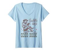 Donna Retro Cowgirl ReadingTee Saddle Up con Un Buon Libro Western Maglietta con Collo a V