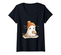 Donna Retro Cute Ghost Drinking Coffee Maglietta con Collo a V