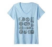 Donna Retro Fish Sardine Tee Fisherman Estetica Pesce Collage di Frutti di Mare Maglietta con Collo a V