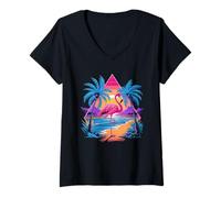 Donna Retro Flamingo Tramonto Paradiso Maglietta con Collo a V