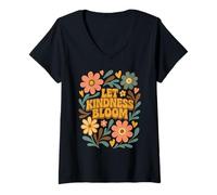 Donna Retro Floreale Positivo Detto Let Kindness Bloom Groovy Maglietta con Collo a V