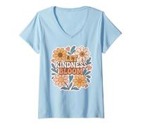 Donna Retro Flower Power Let Kindness Bloom Positive Citazione Grafica Maglietta con Collo a V
