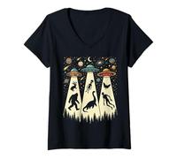 Donna Retro Flying Saucers UFO rapimento con Bigfoot e Criptidi Maglietta con Collo a V