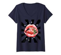 Donna Retro Fragola Bocca Fragole 60 Vintage Frutta Estate Maglietta con Collo a V