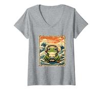 Donna Retro Frog Gamer Headset Controller Giapponese Wave Art Maglietta con Collo a V