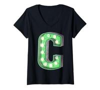 Donna Retro Funky Verde tendone Lettera C Iniziale monogramma Maglietta con Collo a V