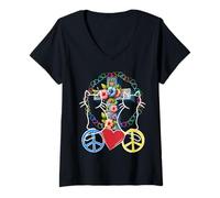 Donna Retro gatto cuore cuore cuore pace donna croce 60 anni '80 Maglietta con Collo a V